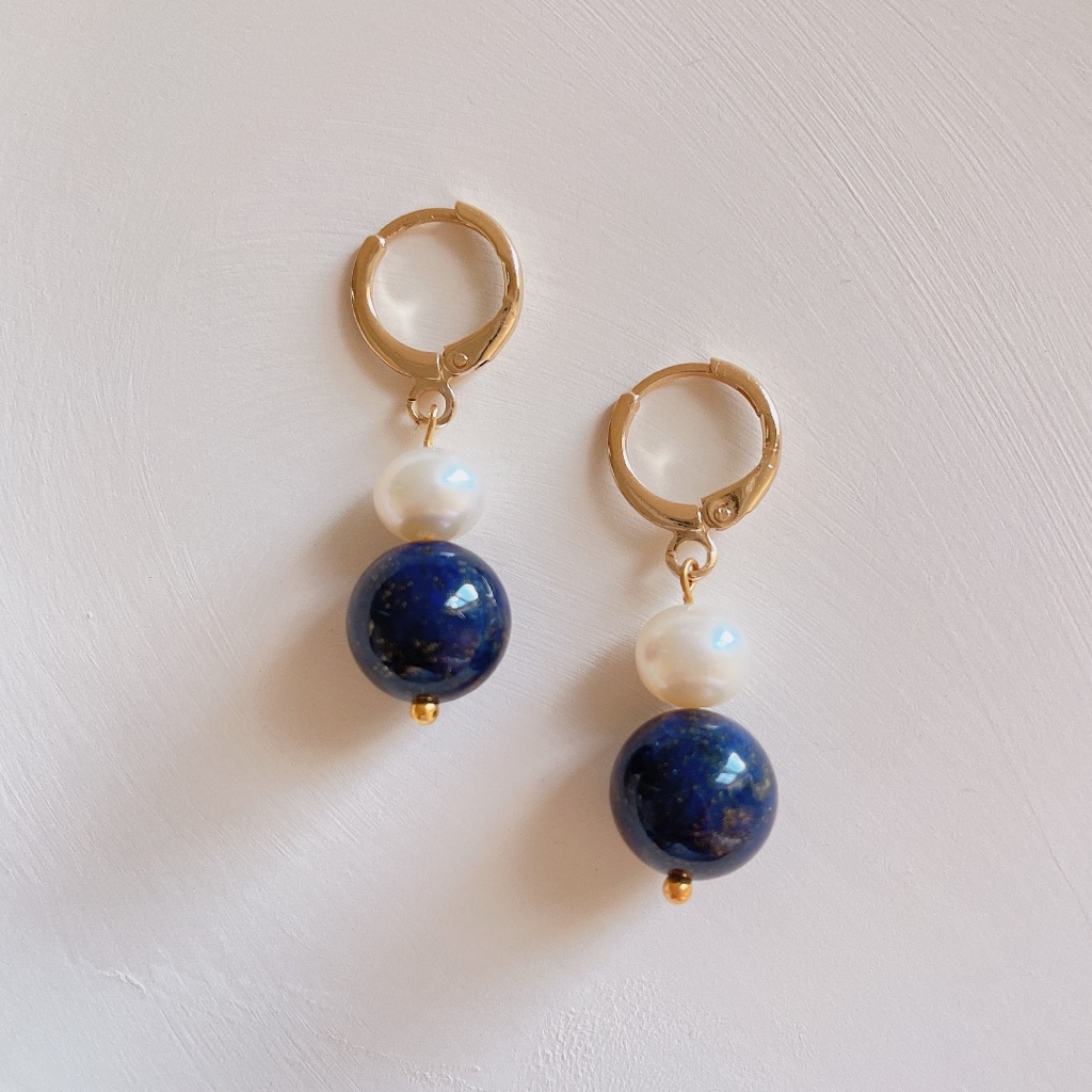 Natural Lapis Lazuli Pearl Hoop Earrings